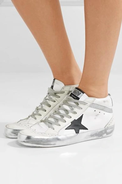 Shop Golden Goose Mid Star Glittered Distressed Leather Sneakers In White