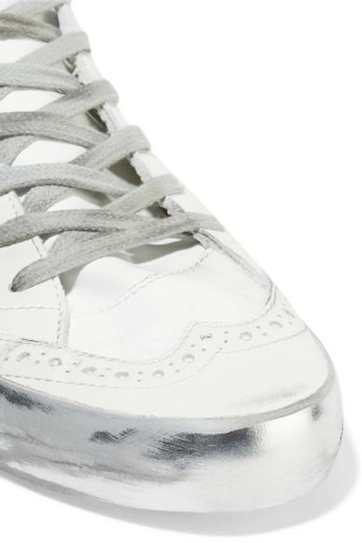 Shop Golden Goose Mid Star Glittered Distressed Leather Sneakers In White