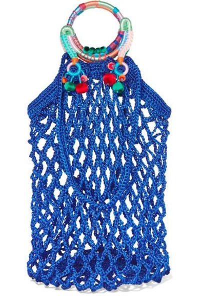 Shop Nannacay Fishnet Pompom-embellished Macramé Tote In Blue