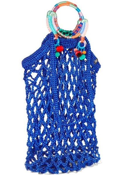 Shop Nannacay Fishnet Pompom-embellished Macramé Tote In Blue