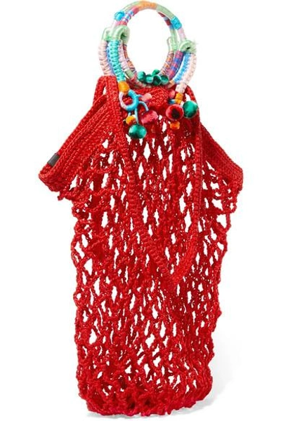 Shop Nannacay Fishnet Pompom-embellished Macramé Tote In Red