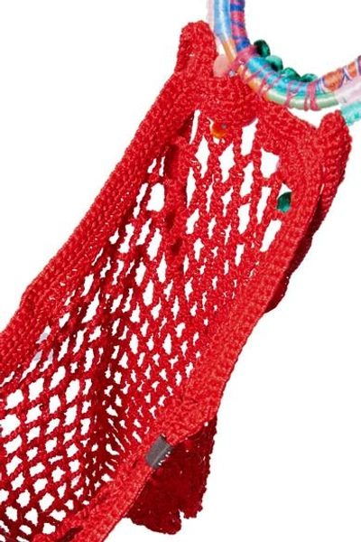 Shop Nannacay Fishnet Pompom-embellished Macramé Tote In Red