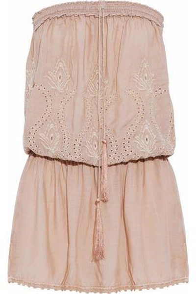 Shop Melissa Odabash Woman Strapless Gathered Embroidered Voile Coverup Sand