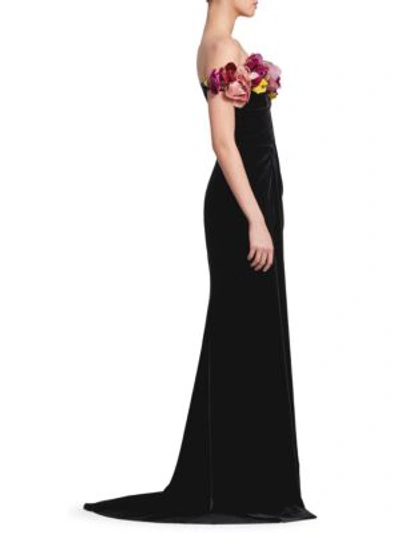 Shop Marchesa Velvet Flower Corsage Gown In Black
