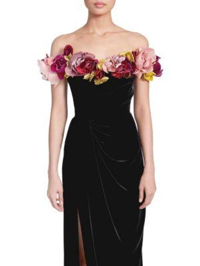 Shop Marchesa Velvet Flower Corsage Gown In Black