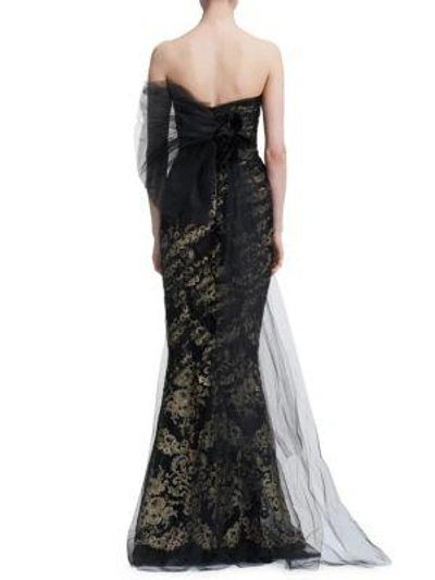 Shop Marchesa Strapless Metallic Corded Lace Gown In Black Gold