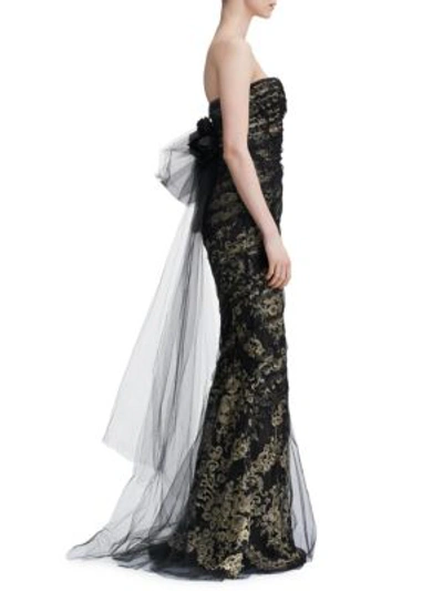 Shop Marchesa Strapless Metallic Corded Lace Gown In Black Gold