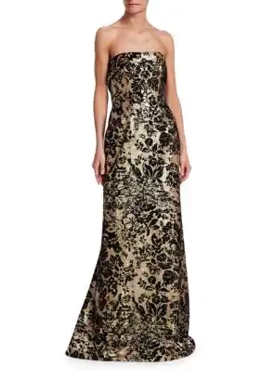 Shop Rubin Singer Strapless Velvet & Sequin Jacquard Gown In Black-gold
