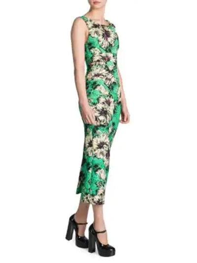 Shop Miu Miu Printed Ruched Midi Dress In Green Floral