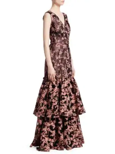 Shop David Meister Jacquard Floral Tiered Ruffle Gown In Blush