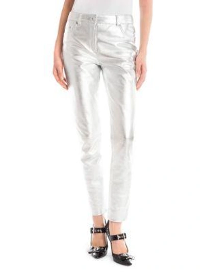 Shop Moschino Metallic Leather Pants In Silver