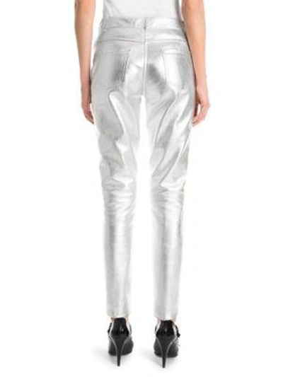 Shop Moschino Metallic Leather Pants In Silver