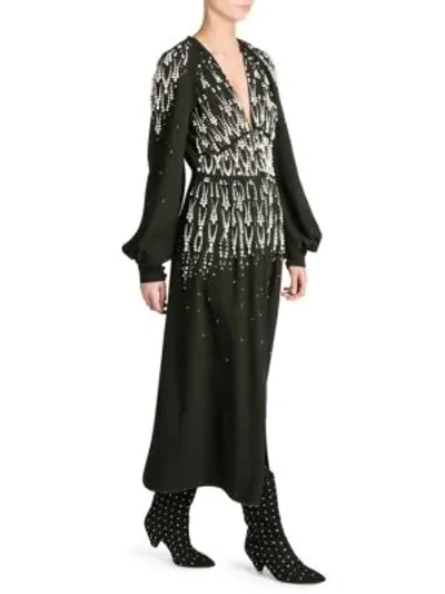 Shop Attico Satin Pearl-embellished Slit Wrap Dress In Black
