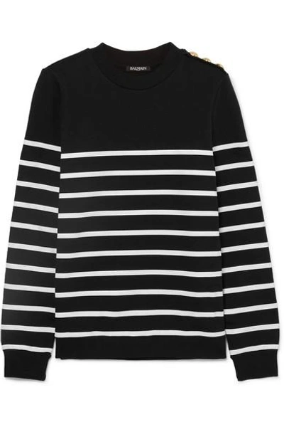 Shop Balmain Button-embellished Striped Cotton-jersey Top In Black