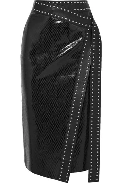 Shop Alexander Mcqueen Studded Snake-effect Leather Wrap Midi Skirt In Black