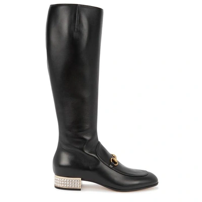 Shop Gucci Black Crystal-embellished Leather Knee Boots