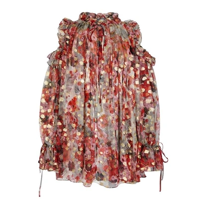 Shop Alexander Mcqueen Printed Open-shoulder Chiffon Blouse In Pink