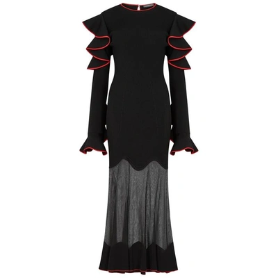Shop Alexander Mcqueen Black Ruffle-trimmed Stretch-knit Dress