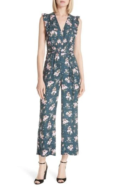 Shop Rebecca Taylor Emilia Floral Sleeveless Silk Jumpsuit In Teal Combo