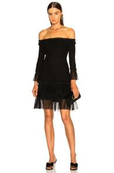 Shop Jonathan Simkhai Pleated Off Shoulder Fit And Flare Dress In Black.