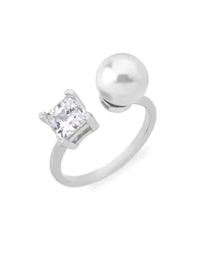Shop Majorica Women's Faux Pearl & Crystal Open Ring In Silver