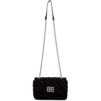 Balenciaga Bb Chain Embroidered Quilted Velvet Shoulder Bag In Black
