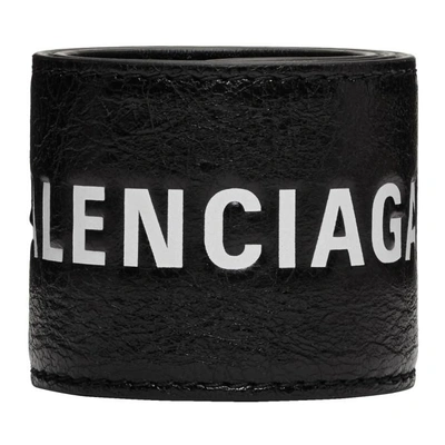 Shop Balenciaga Black Leather Cycle Bracelet In 1090 Blk/wh
