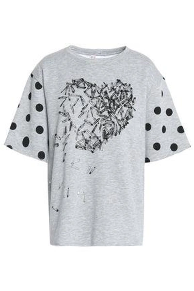 Shop Red Valentino Woman Embellished Printed French Cotton-blend Terry T-shirt Gray