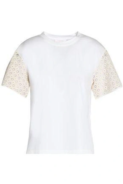 Shop See By Chloé Woman Crochet-paneled Cotton-jersey T-shirt Off-white