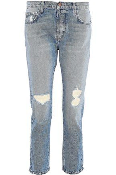 Shop Current Elliott Distressed Mid-rise Skinny Jeans In Light Denim