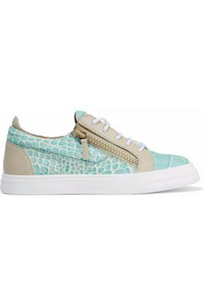 Shop Giuseppe Zanotti London Leather And Metallic Suede Sneakers In Turquoise