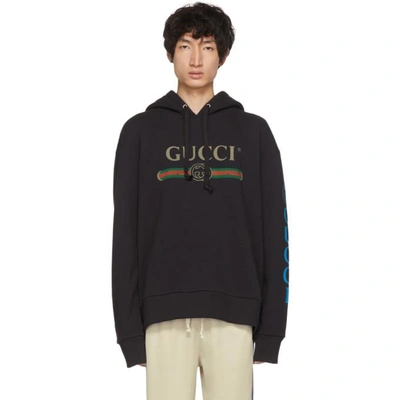 Shop Gucci Black Embroidered Logo Hoodie In 1286 Black