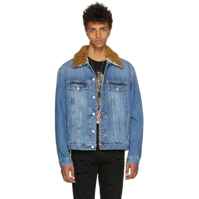 Shop Alexander Mcqueen Blue Denim Shearling Collar Jacket In 0903bluwash