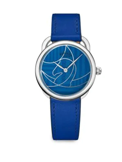 Pre-owned Hermes Arceau 36mm Lacquered Stainless Steel & Leather Watch In Blue