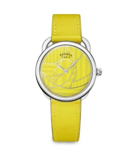 Pre-owned Hermes Arceau 36mm Lacquered Stainless Steel & Leather Strap Watch In Yellow