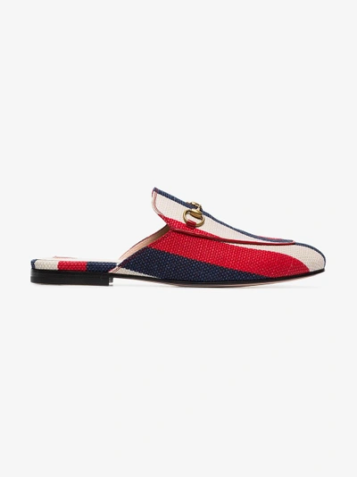 Shop Gucci Blue, Red And White Princetown Stripe Linen Loafers