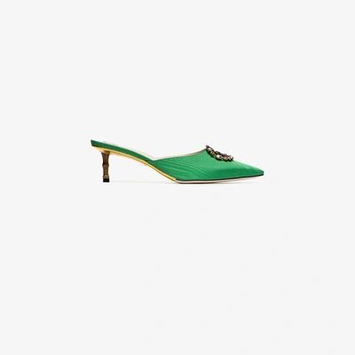 Shop Gucci Green Unia Gg 45 Crystal Satin Mules