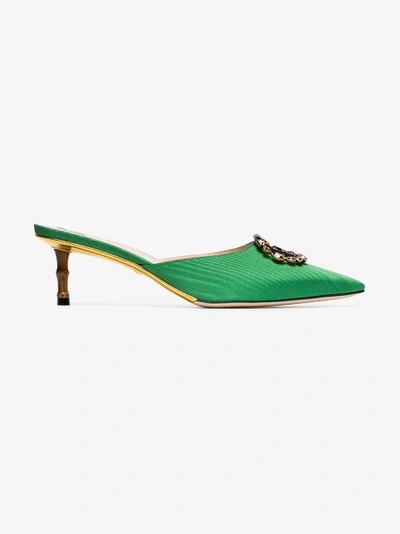 Shop Gucci Green Unia Gg 45 Crystal Satin Mules