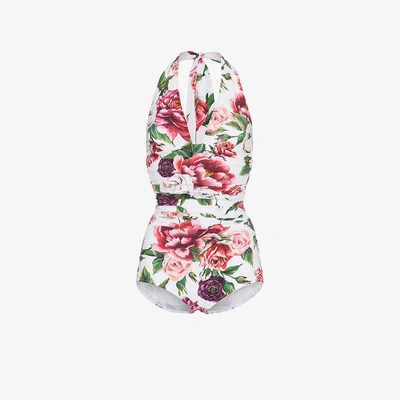 Shop Dolce & Gabbana Peony Print Halterneck Swimsuit In Rosa&lila