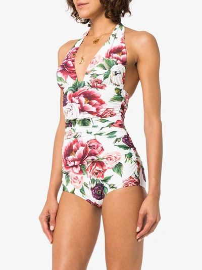Shop Dolce & Gabbana Peony Print Halterneck Swimsuit In Rosa&lila