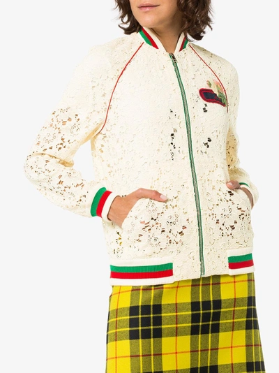 Shop Gucci Flower Embroidered Lace Bomber Jacket In Nude&neutrals