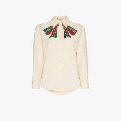 Shop Gucci Web Bow Embroidered Cotton Blouse In Nude&neutrals