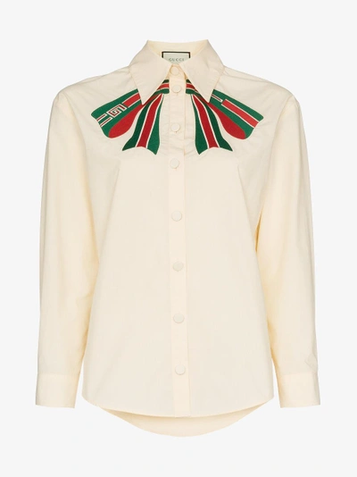 Shop Gucci Web Bow Embroidered Cotton Blouse In Nude&neutrals