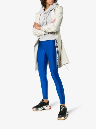 Shop Gucci Logo Side Stripe Leggings In Blue