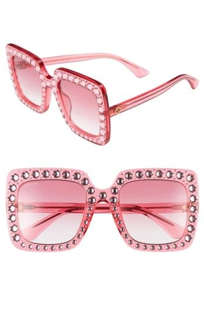 Shop Gucci 53mm Crystal Embellished Square Sunglasses - Pink/ Pink