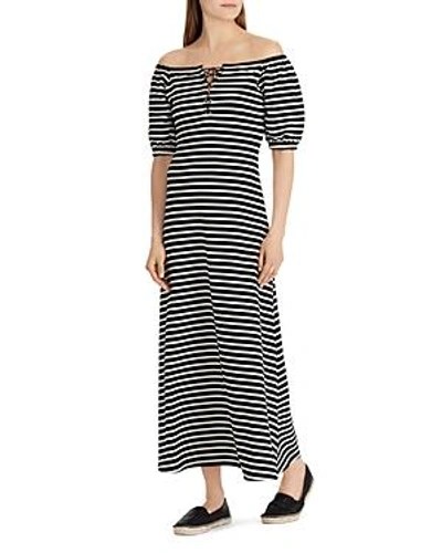 Shop Ralph Lauren Lauren  Striped Off-the-shoulder Maxi Dress In Black Multi