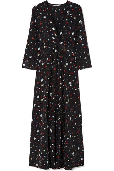 Shop Ganni Twist-front Floral-print Silk Crepe De Chine Maxi Dress In Black