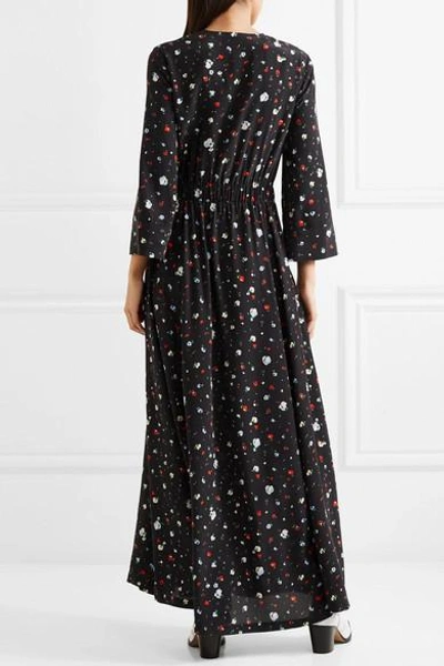 Shop Ganni Twist-front Floral-print Silk Crepe De Chine Maxi Dress In Black