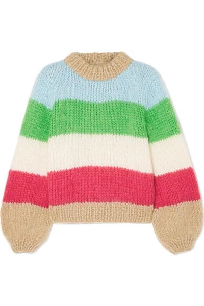 Shop Ganni Striped Mohair And Wool-blend Sweater In Sky Blue