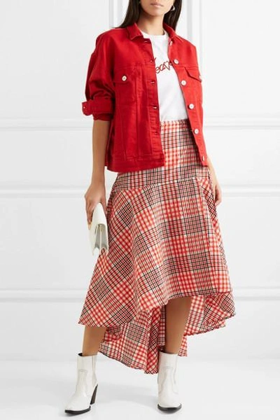 Shop Ganni Charron Checked Cotton-blend Seersucker Wrap Skirt In Tomato Red